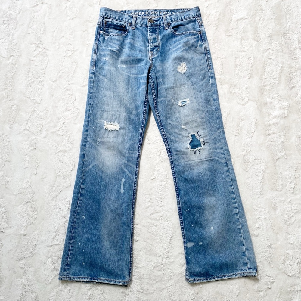 american eagle • Y2K vintage patchwork/paint bootcut jeans | 31/32